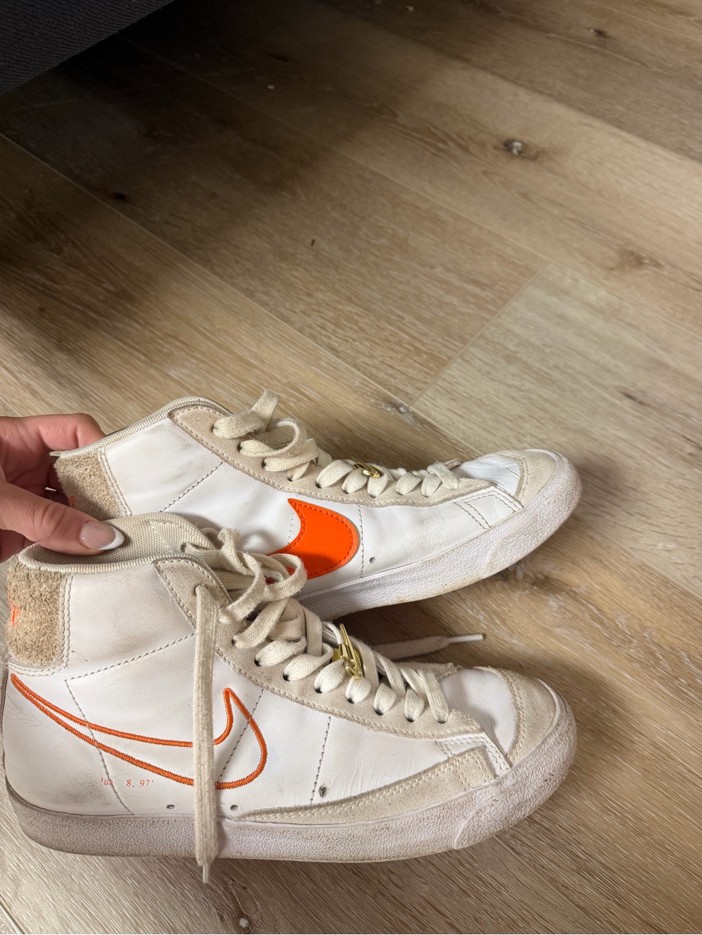 Nike White High-Top Blazers With Orange Swooshes